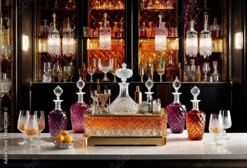 luxurious home bar displaying crystal decanters, elegant, interior, design, upscale, sophisticated, bottles, drinks, stylish, classy, arrangement © Yaraslava