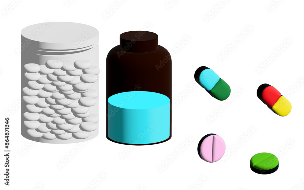 A 3D medicine bottle with pills, liquid, and bottles placed on a white background A 3D medicine bottle with pills, liquid, and bottles placed on a white background