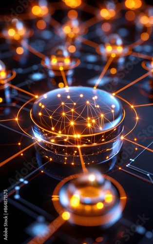 Futuristic digital representation of interconnected networks with glowing nodes and circuits, showcasing advanced technology and communication. photo