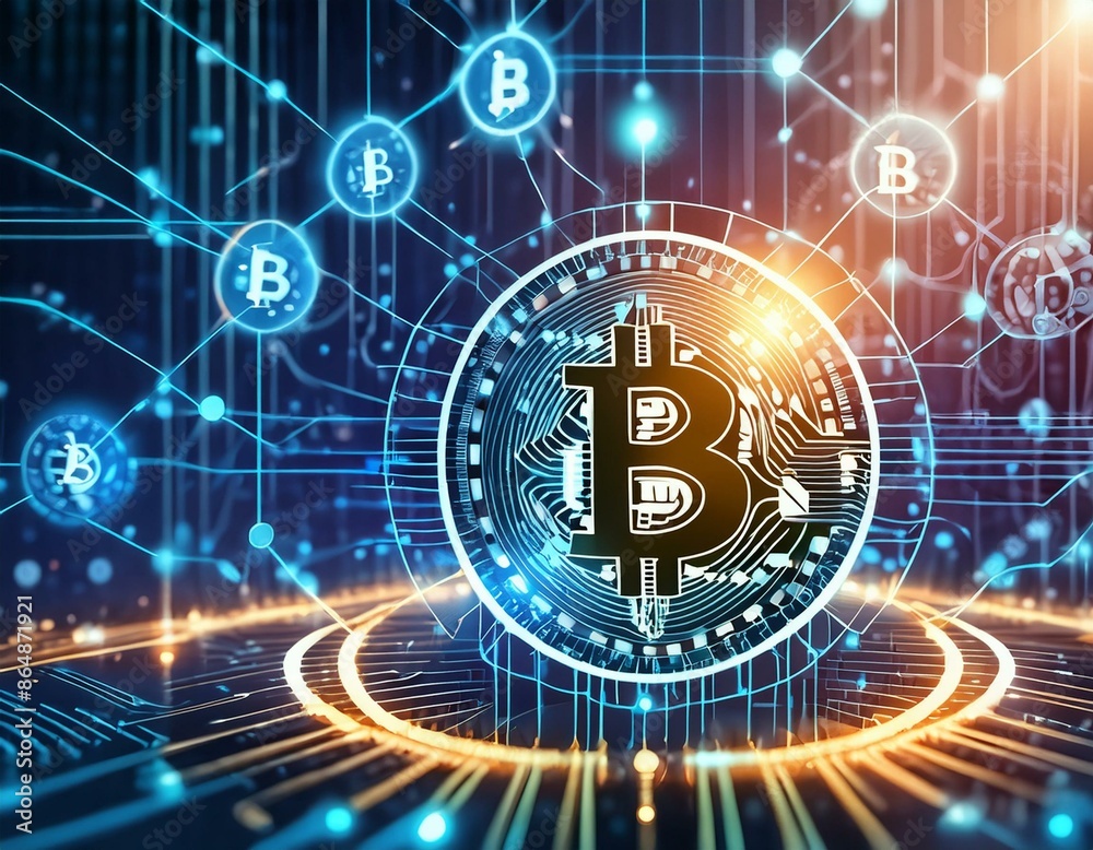 Naklejka premium Bitcoin cryptocurrency trading and investment concept, emphasizing financial technology (Fintech) and digital currency.