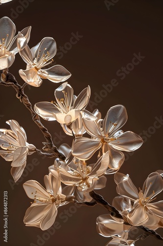 Melatti flower cluster Subsurface Scattering Material, Octane Render (OC renderer), Cinema 4D (C4D), and 3D modeling glossy appearance, Branching, Tree limbs, Close-up, Rich details,  photo