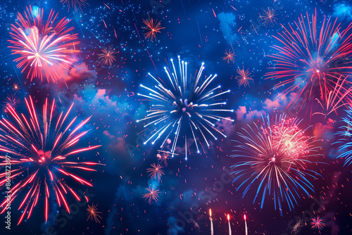 Red and Blue Fireworks explosion at the night sky. American 4th of July background banner. Generative AI