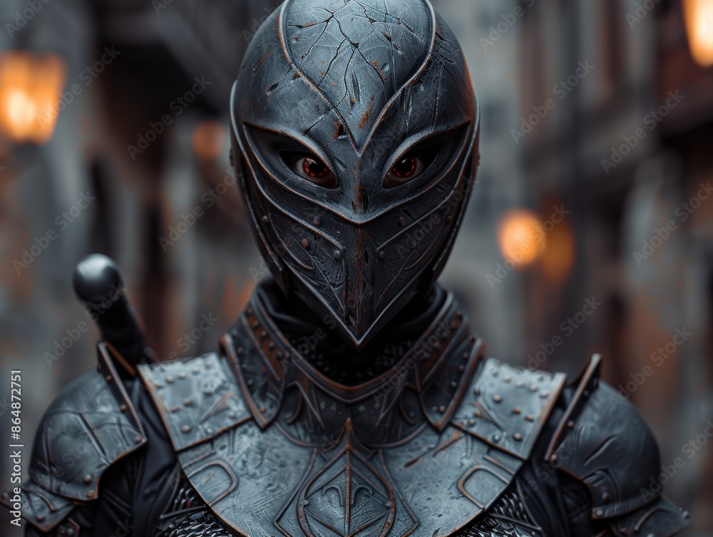 Mysterious armored warrior with glowing red eyes Mysterious armored warrior with glowing red eyes