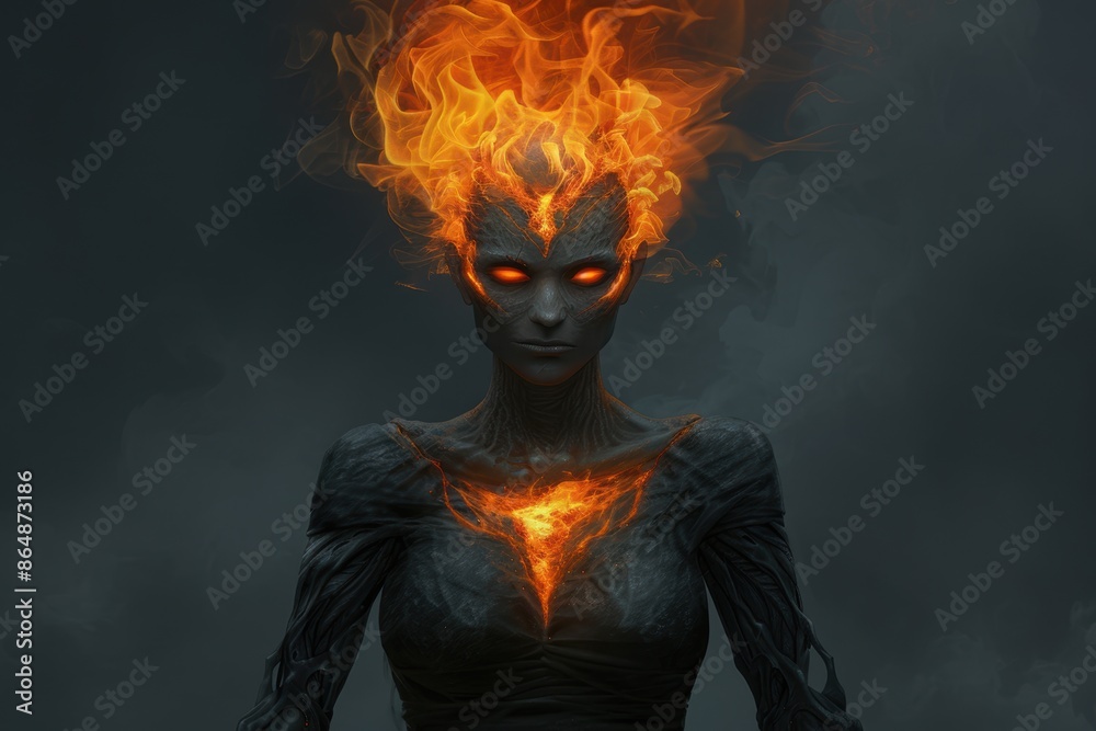 Fiery supernatural being with glowing eyes and flames Fiery supernatural being with glowing eyes and flames