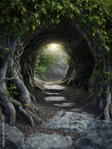 Enchanting forest path leading to light