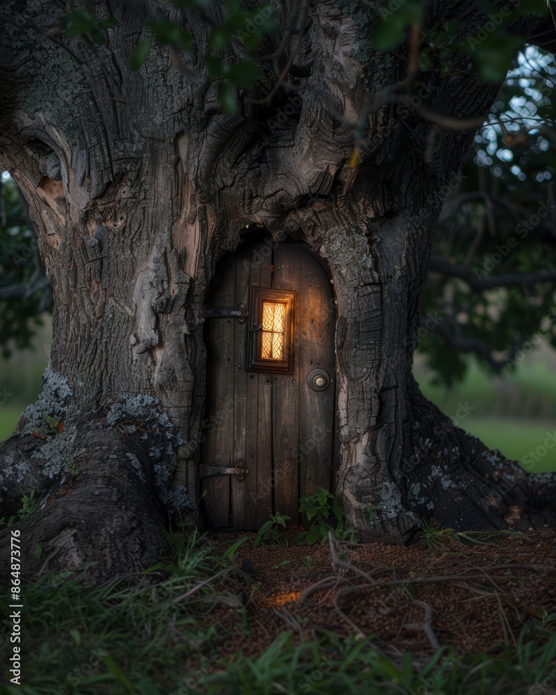 Enchanting woodland entrance with glowing window Enchanting woodland entrance with glowing window