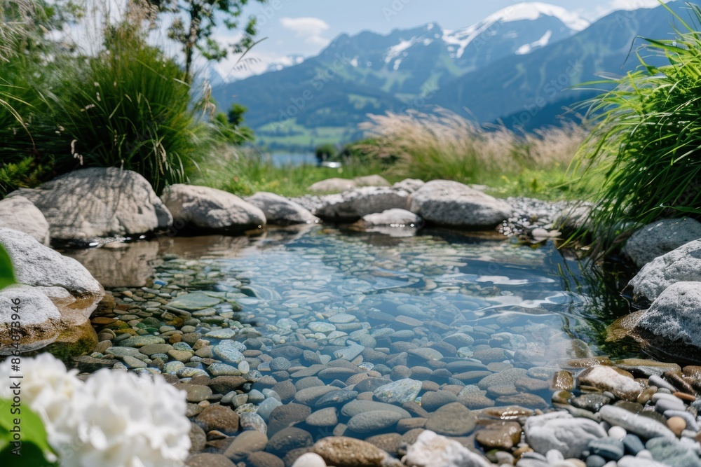 Peaceful mountain stream with rocky shore Peaceful mountain stream with rocky shore