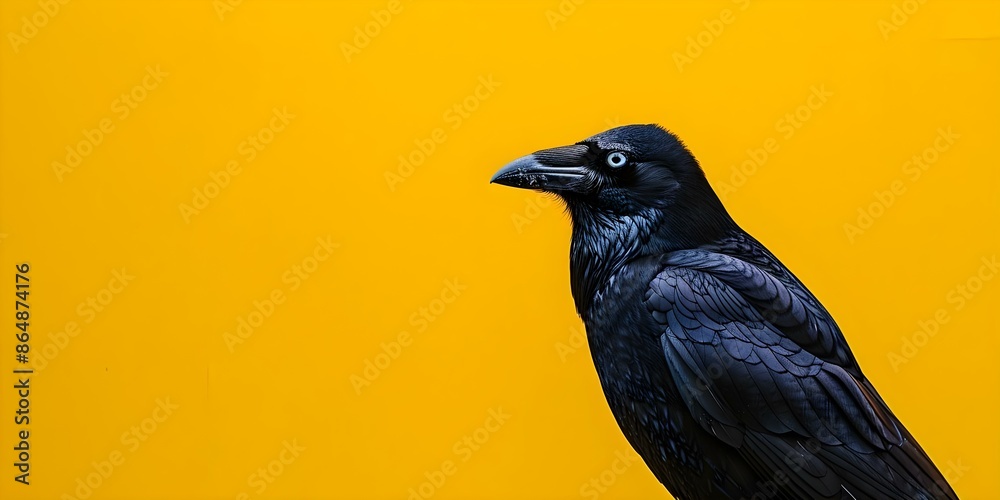 Obraz premium Portrait of a large black crow on a yellow background, facing left. Concept Outdoor Photoshoot, Colorful Props, Joyful Portraits, Wildlife Photography, Bird Portraits