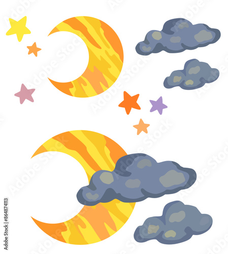 ポップな月と雲と星 ベクター素材