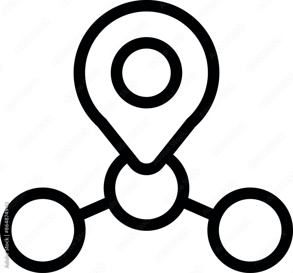 Simple black and white icon of a location pin connecting three circles symbolizing network coverage Simple black and white icon of a location pin connecting three circles symbolizing network coverage