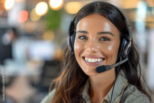 Friendly call center operator wearing a headset, smiling at the camera with a professional demeanor