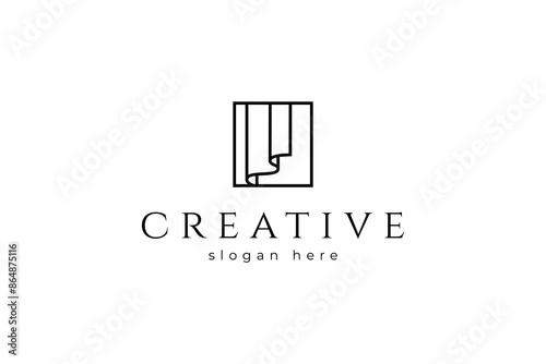 Curtain logo in box frame with minimalist line art vector design style