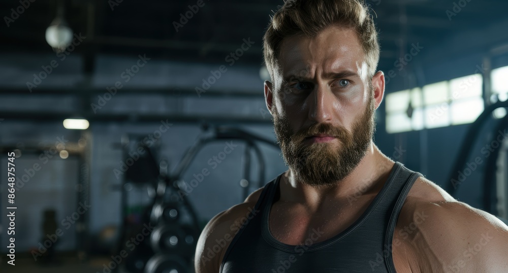 Determined man with beard in gym