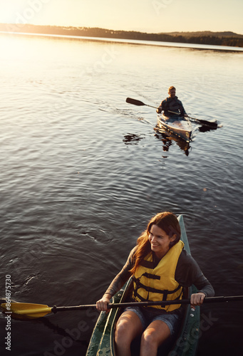 Bild auf Leinwand Couple, kayak and boat on river adventure for outdoor sports or nature travel trip