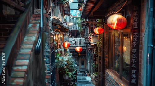 Jiufen Old Street is a narrow winding alleyway with shops teahouses and restaurants that offers tourists a view of traditional Taiwanese lifeLetters With Means Tea shop : Generative AI © The Little Hut