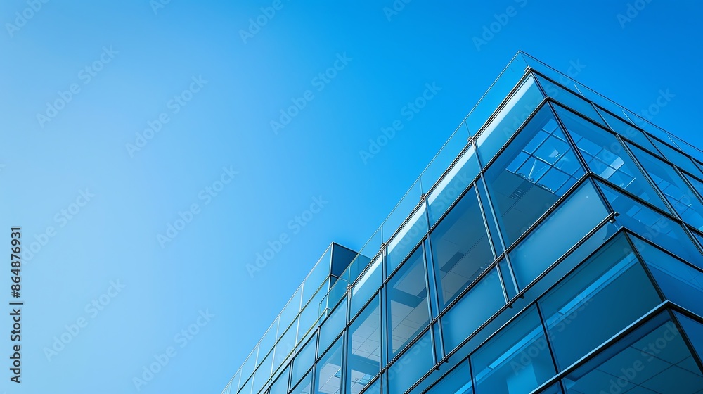A modern office building with sleek glass architecture, set against a bright blue sky, highlighting contemporary design and corporate environment A modern office building with sleek glass architecture, set against a bright blue sky, highlighting contemporary design and corporate environment