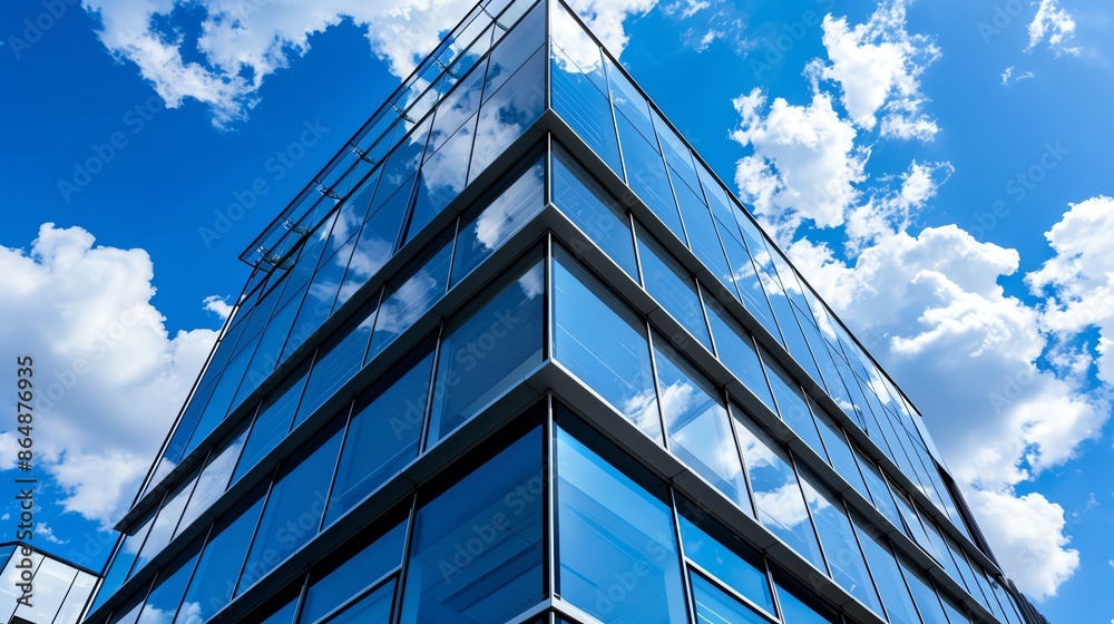 A modern office building with sleek glass architecture, set against a bright blue sky, highlighting contemporary design and corporate environment