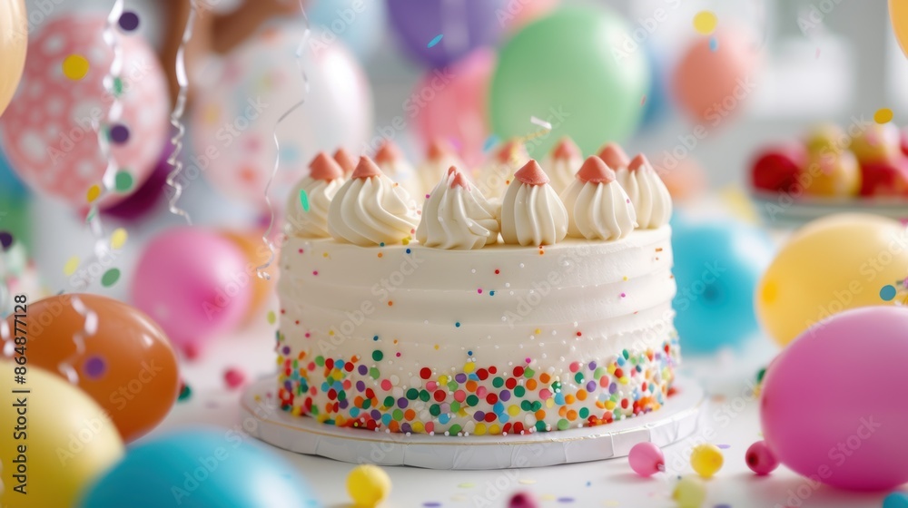 Colorful birthday cake with sprinkles and balloons Colorful birthday cake with sprinkles and balloons
