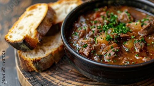 A bowl of hearty stew made with sustainably hunted game served with homemade bread.