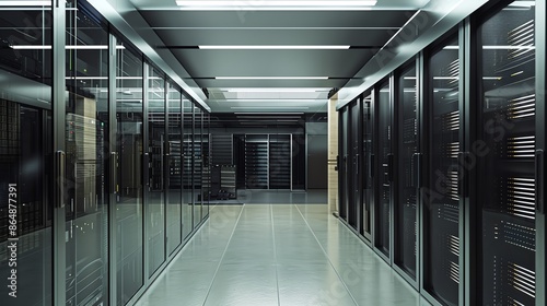 A serene server room setup with wellordered racks, efficient cooling systems, and minimalistic design, emphasizing a calm and productive environment photo