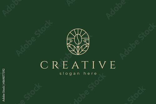 Coffee Logo with line art style icon design template vector on green background