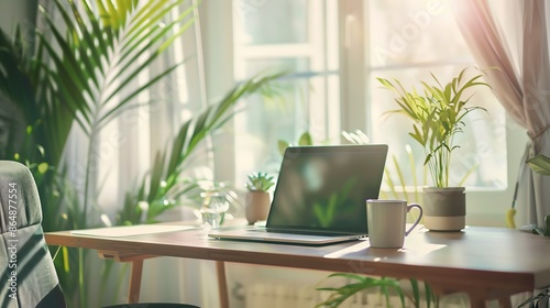 A stylish home office with a modern desk, laptop, coffee mug, and decorative plants, set against a bright window background, highlighting productivity and comfort