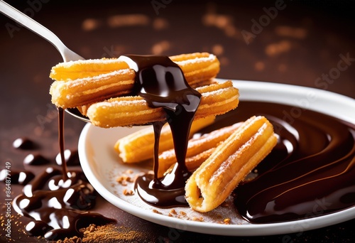 delicious churros dipped rich chocolate sweet dessert treat, sauce, fried, pastry, sugary, confection, indulgent, snack, cinnamon, sugar, dough, gooey