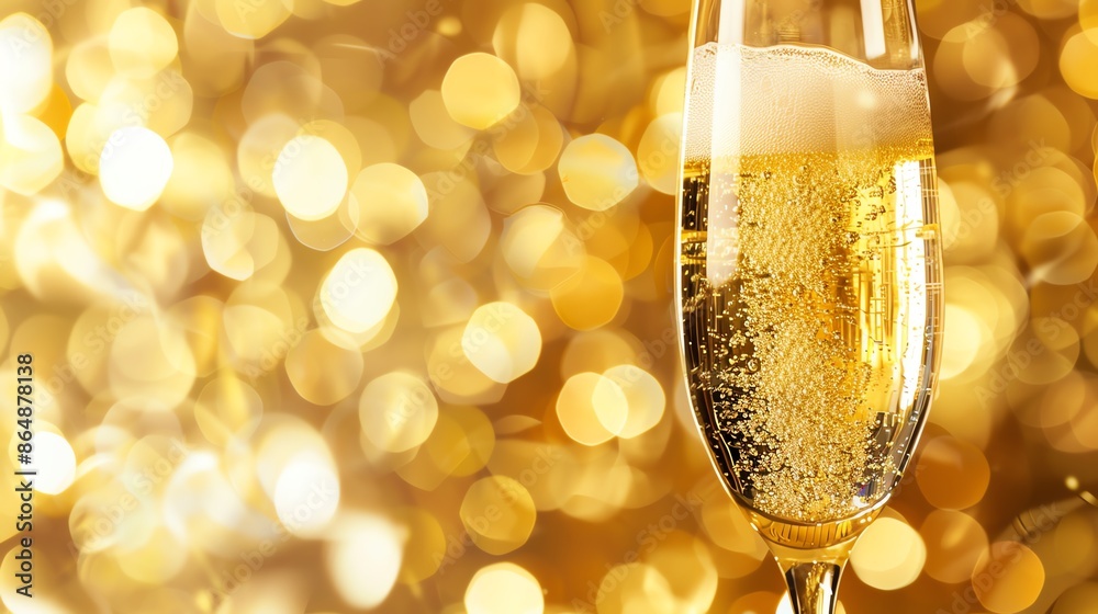 A closeup of a champagne glass with delicate bubbles rising, set against a blurred golden background, emphasizing luxury and celebration A closeup of a champagne glass with delicate bubbles rising, set against a blurred golden background, emphasizing luxury and celebration