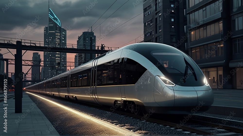 Naklejka premium Autonomous vehicles navigating city streets, revolutionizing commuting, reducing traffic congestion