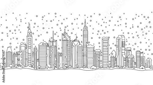 Cartoon city skyline with snow falling, outlined for coloring, on a white background.