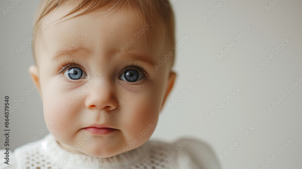 Close-up natural baby expressions with copy space, a close-up image of a baby with a peaceful expression, set against a minimalistic white or cream background Close-up natural baby expressions with copy space, a close-up image of a baby with a peaceful expression, set against a minimalistic white or cream background