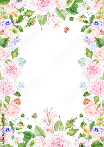 watercolor summer flowers frame, botanical border, watercolor floral template. Garden rose flowers invitation. Border frame banner. template with arrangement flower and leaves