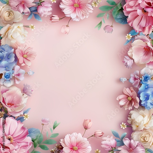 Watercolor floral border, blank space center, pastel colors, serene and elegant