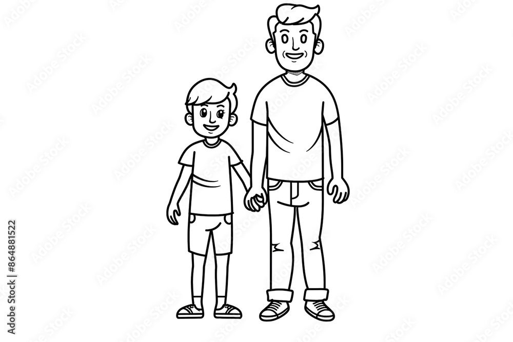 Cartoon father and child holding hands, outlined for coloring, on a white background. Cartoon father and child holding hands, outlined for coloring, on a white background.