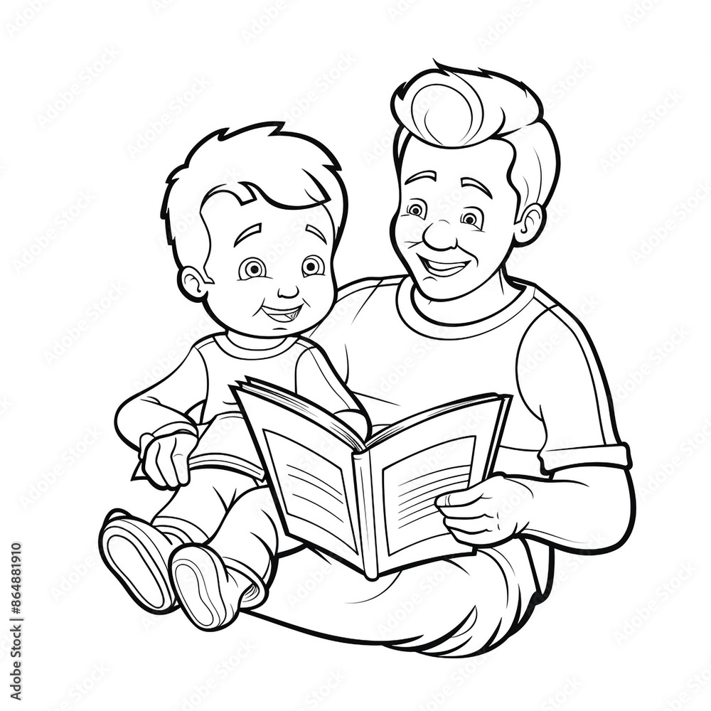 Cartoon father reading a book to child, outlined for coloring, on a white background. Cartoon father reading a book to child, outlined for coloring, on a white background.