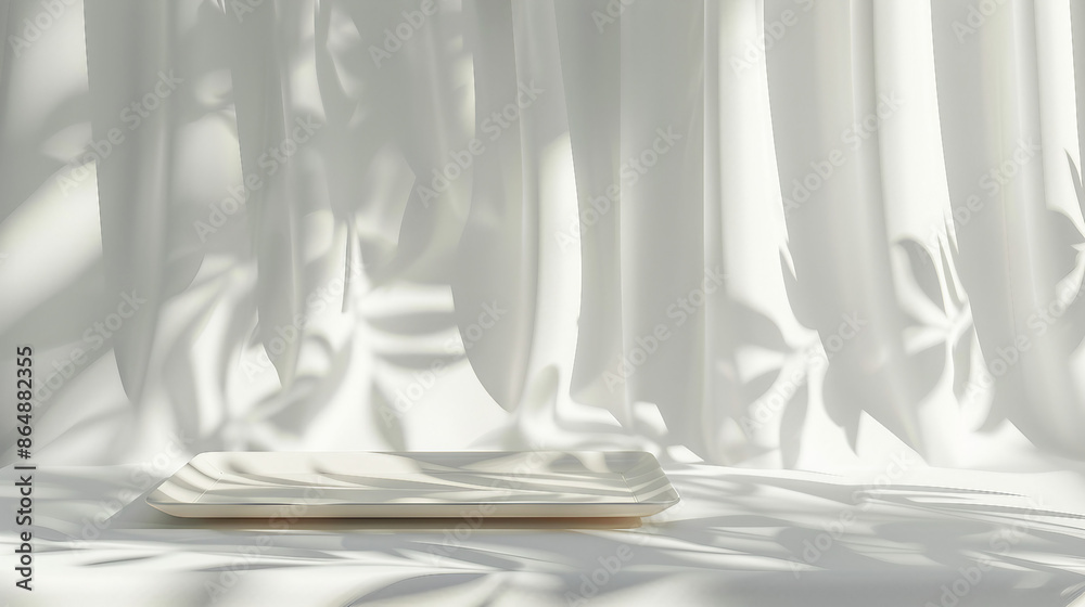Experience the elegance of a 3D render featuring a blank empty white wooden edge tray table with beautiful sunlight casting foliage leaves shadow on drapery white satin curtains in the background Experience the elegance of a 3D render featuring a blank empty white wooden edge tray table with beautiful sunlight casting foliage leaves shadow on drapery white satin curtains in the background
