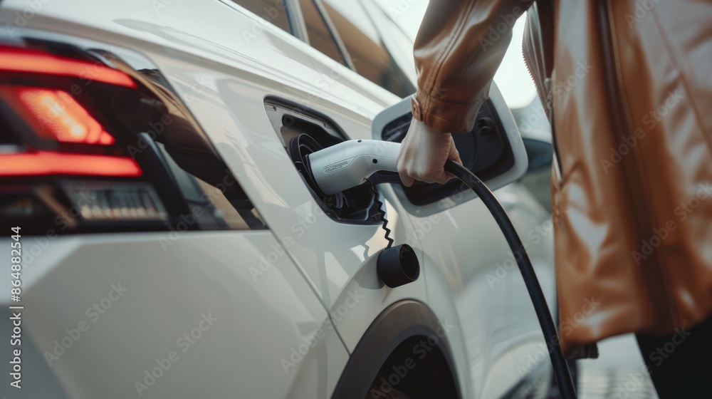 Close-up of a woman's hand charging an EV in a clean energy city. Close-up of a woman's hand charging an EV in a clean energy city.