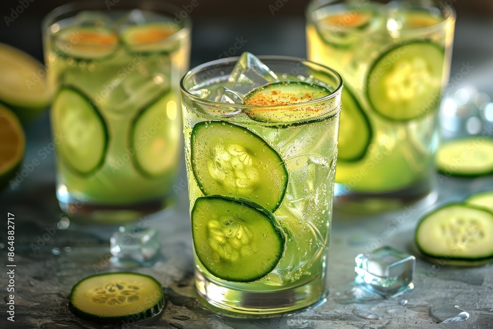 A refreshing cucumber gin fizz cocktail in a highball glass, with gin, cucumber slices, lime juice, simple syrup, and soda water. A refreshing cucumber gin fizz cocktail in a highball glass, with gin, cucumber slices, lime juice, simple syrup, and soda water.