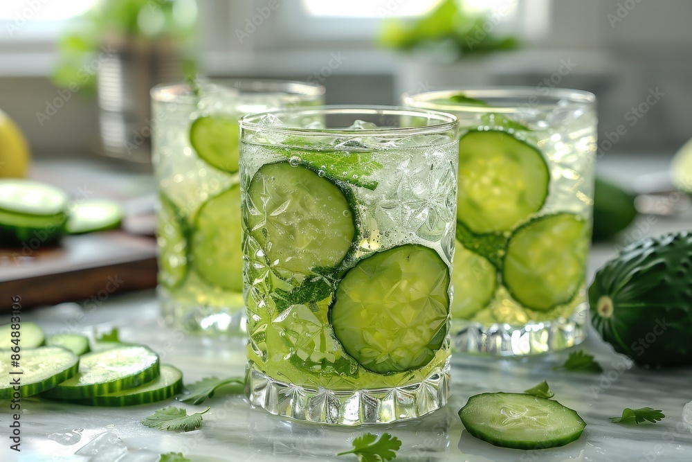 A refreshing cucumber gin fizz cocktail in a highball glass, with gin, cucumber slices, lime juice, simple syrup, and soda water. A refreshing cucumber gin fizz cocktail in a highball glass, with gin, cucumber slices, lime juice, simple syrup, and soda water.