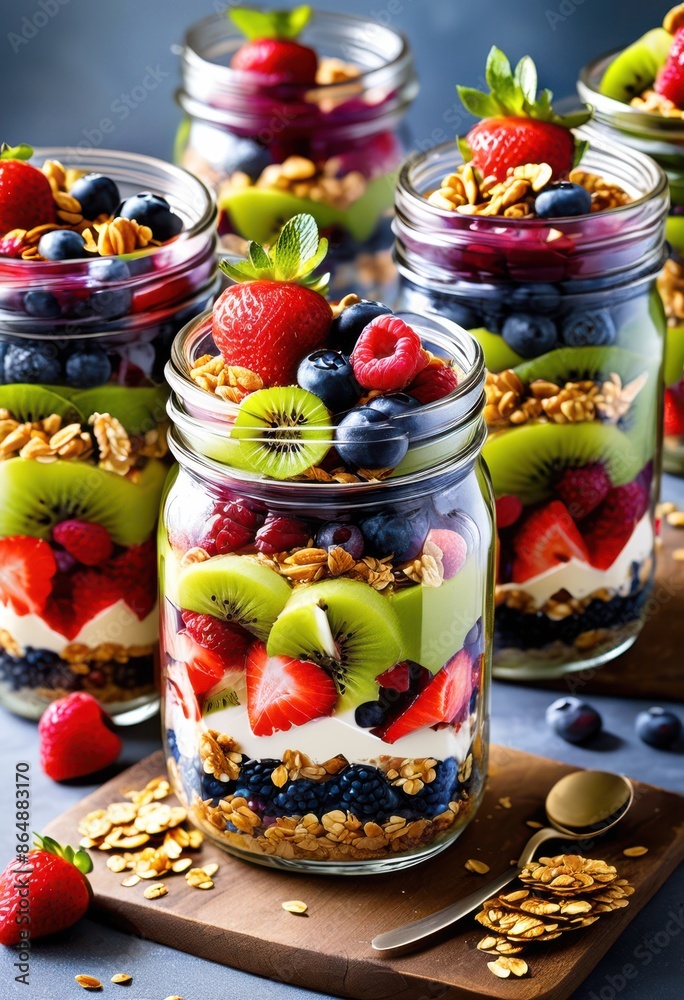 colorful layered parfait mason jars displayed fresh fruits granola healthy dessert presentation, art, artistic, artisan, beautiful, berries, creative