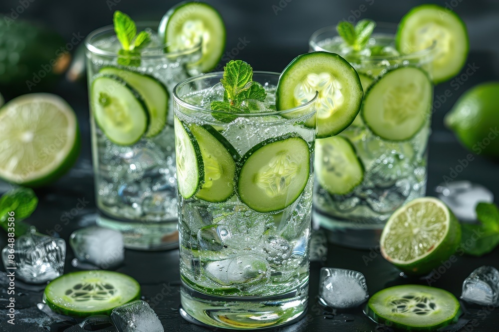 A refreshing cucumber gin fizz cocktail in a highball glass, with gin, cucumber slices, lime juice, simple syrup, and soda water. A refreshing cucumber gin fizz cocktail in a highball glass, with gin, cucumber slices, lime juice, simple syrup, and soda water.