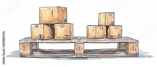 handdrawn  Stacks of cardboard boxes on a wooden pallet, some with shipping labels, in a warehouse or storage facility setting