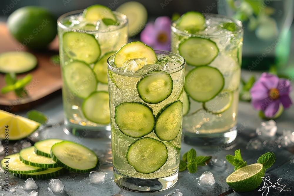 A refreshing cucumber gin fizz cocktail in a highball glass, with gin, cucumber slices, lime juice, simple syrup, and soda water. A refreshing cucumber gin fizz cocktail in a highball glass, with gin, cucumber slices, lime juice, simple syrup, and soda water.