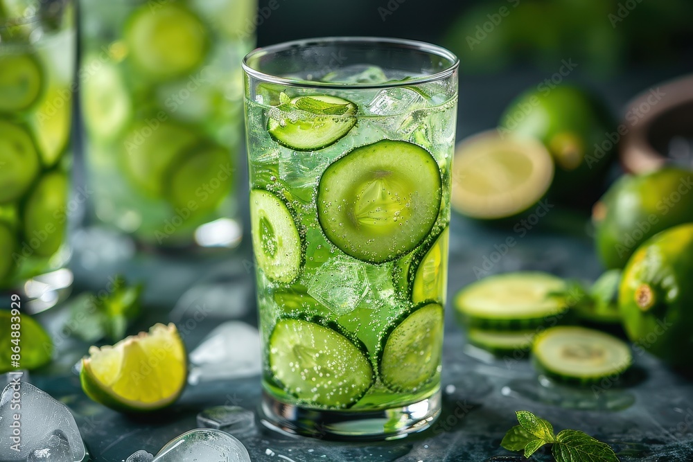 A refreshing cucumber gin fizz cocktail in a highball glass, with gin, cucumber slices, lime juice, simple syrup, and soda water. A refreshing cucumber gin fizz cocktail in a highball glass, with gin, cucumber slices, lime juice, simple syrup, and soda water.