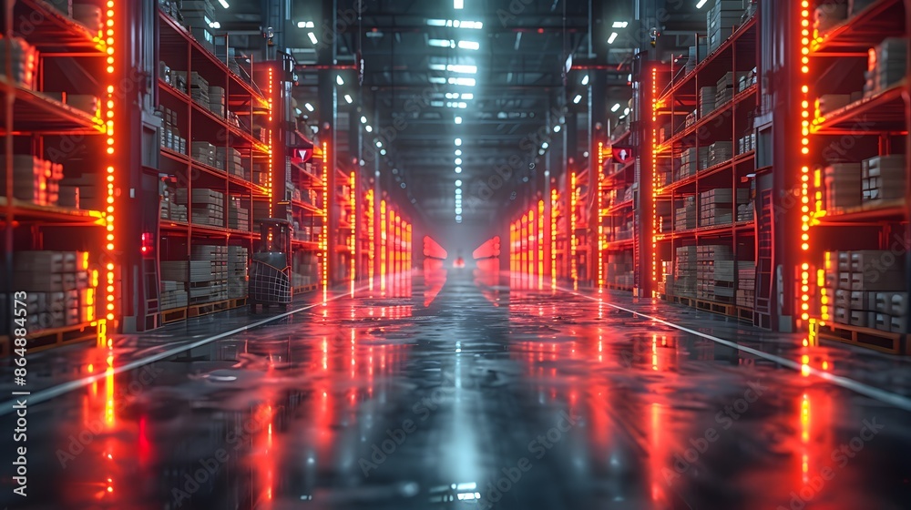 Warehouse scene with an AI-driven forklift, augmented reality holograms, and motion blur illustrating fast-paced logistics Warehouse scene with an AI-driven forklift, augmented reality holograms, and motion blur illustrating fast-paced logistics