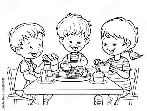 Cartoon kids having lunch, outlined for coloring, on a white background.