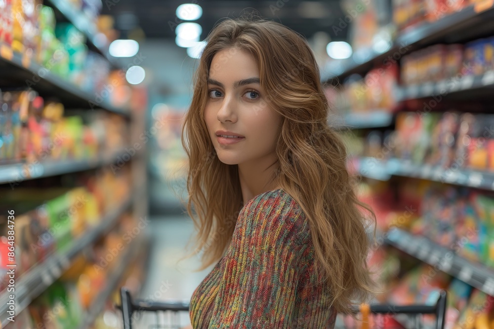 A young woman with long hair smiles while standing in a grocery store aisle filled with various colorful products, creating a vibrant atmosphere of shopping and choice. A young woman with long hair smiles while standing in a grocery store aisle filled with various colorful products, creating a vibrant atmosphere of shopping and choice.