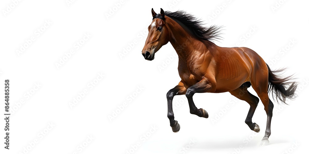 Brown horse running on a white background. Concept Animals, Equine Photography, Action Shots, White Background, Natural Beauty Brown horse running on a white background. Concept Animals, Equine Photography, Action Shots, White Background, Natural Beauty