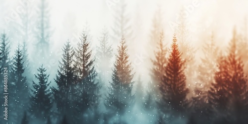 Mystical winter forest with snow-covered trees in fog, emanating a serene and tranquil atmosphere, perfect for nature and winter-themed projects.