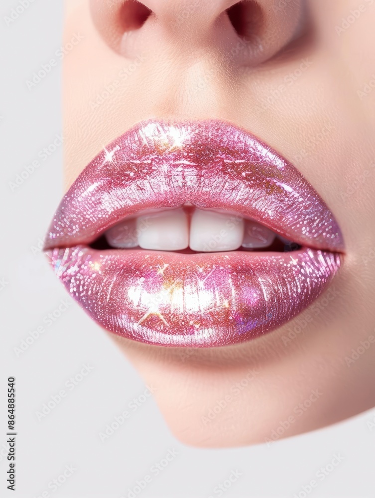Obraz premium Close-up of glossy pink lips with sparkly glitter, perfect for beauty or makeup concept and fashion industry.